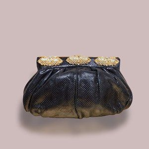 Carlo Fiori Leather Python Clutch With Gold Chain and Rhinestones